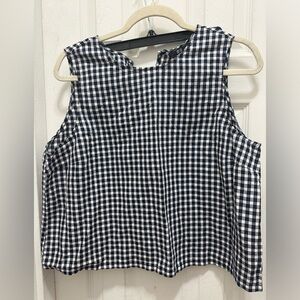 Uniqlo navy and white plaid linen blend sleeveless blouse, size L
